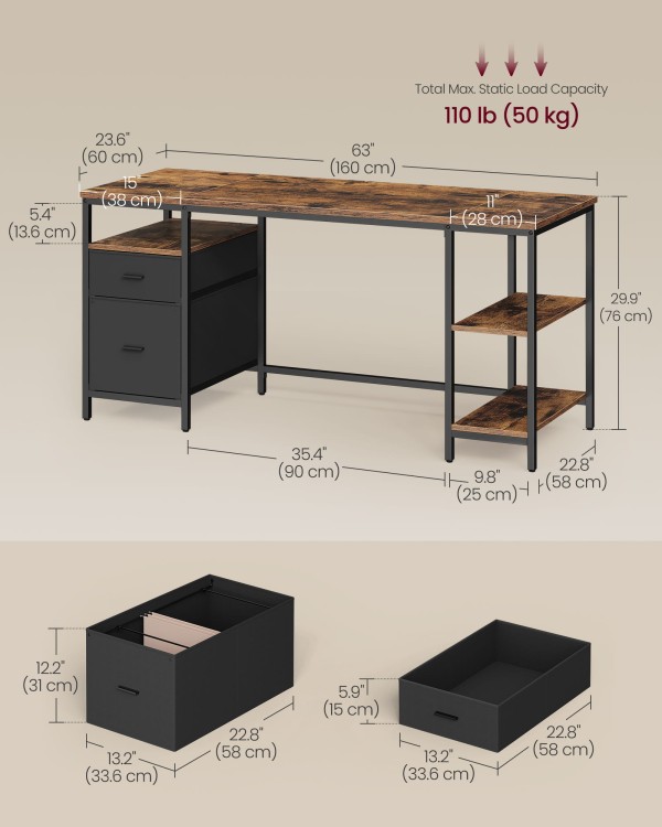 Biurko komputerowe z 2 szufladami i 3 półkami w stylu industrialnym
