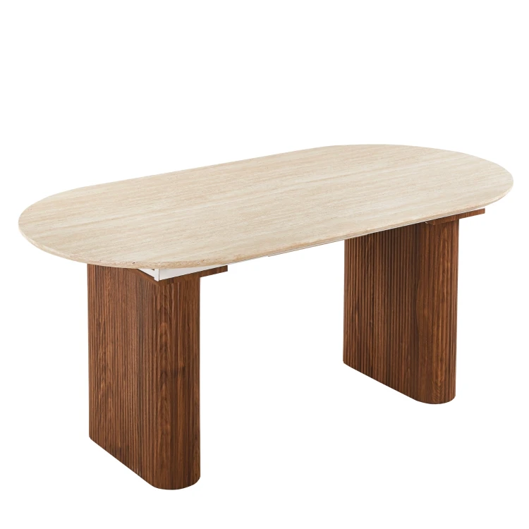 Stół do jadalni LIVANO owalny rozkładany orzech/trawertyn