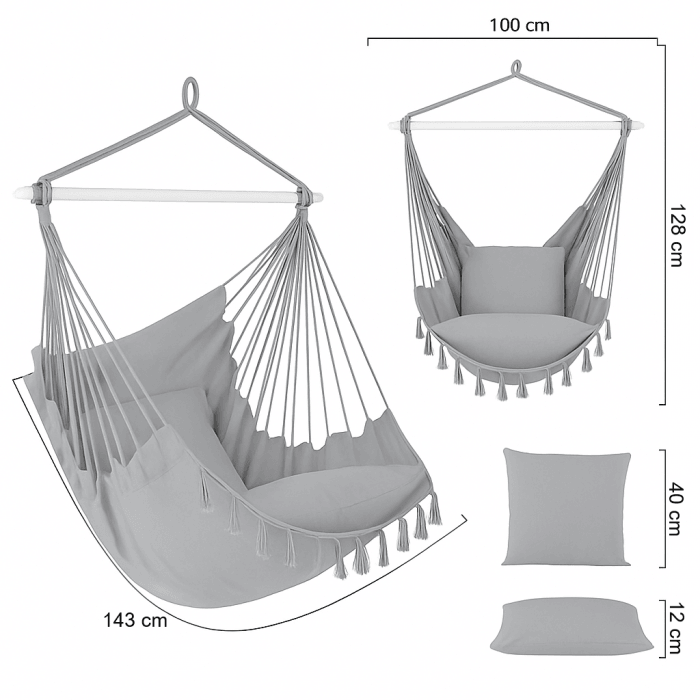 Hamak fotel wiszący ogrodowy brazylijski Szary Jasny + 2 poduszki