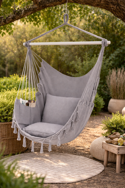 Hamak fotel wiszący ogrodowy brazylijski Szary Jasny + 2 poduszki