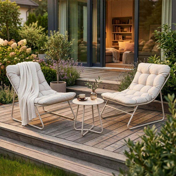 Zestaw Mebli Ogrodowych MALAGA stolik kawowy + dwa fotele beżow