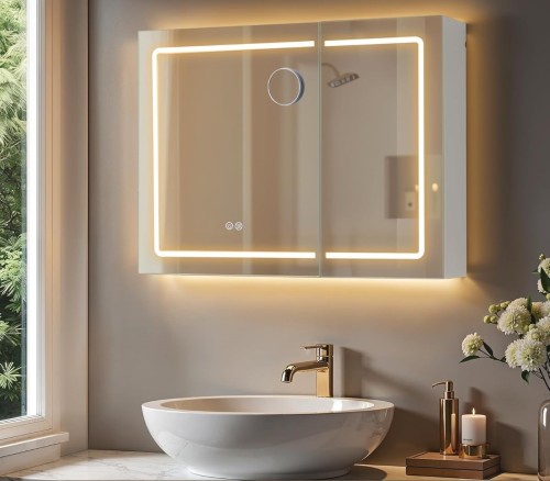 Lustro ścienne z miejscem do przechowywania i funkcją odparowywania