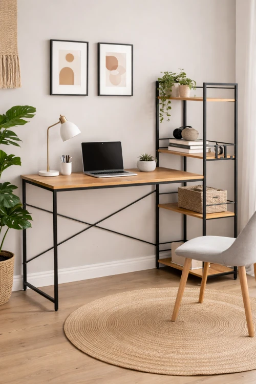 Biurko komputerowe z bocznym regałem w stylu industrialnym