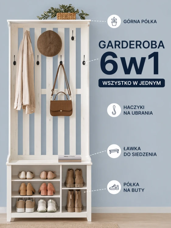 Garderoba do przedpokoju z otwartą szafką na buty w kolorze białym