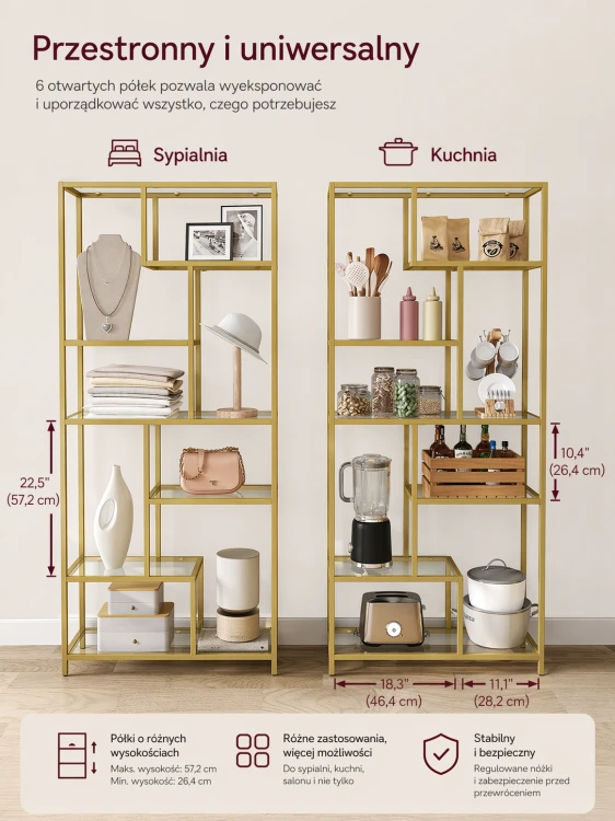 Regał na książki Glammy 6 - pozimowy 180 cm w kolorze złotym