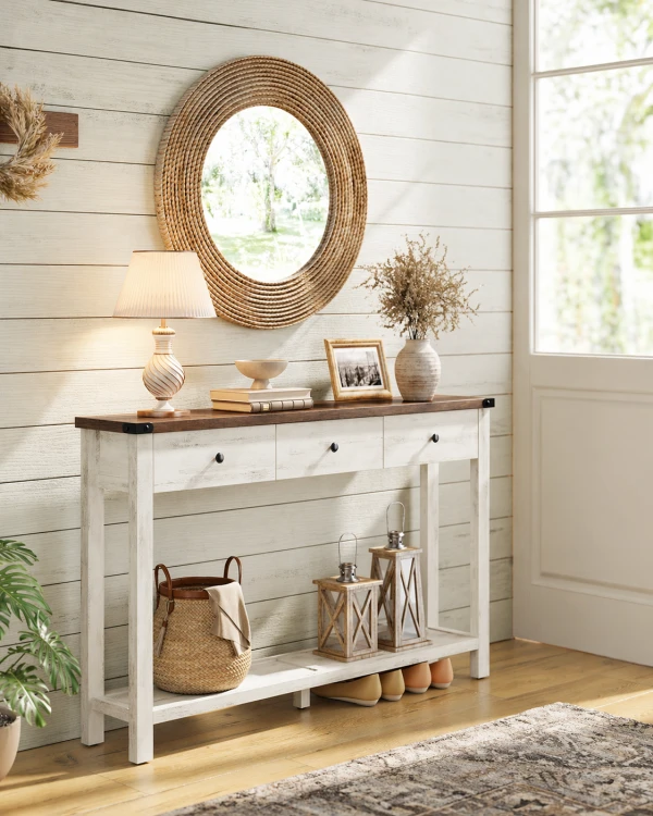 Konsola z 3 szufladami w stylu Vintage kolor miodowy brąz, biel vintage