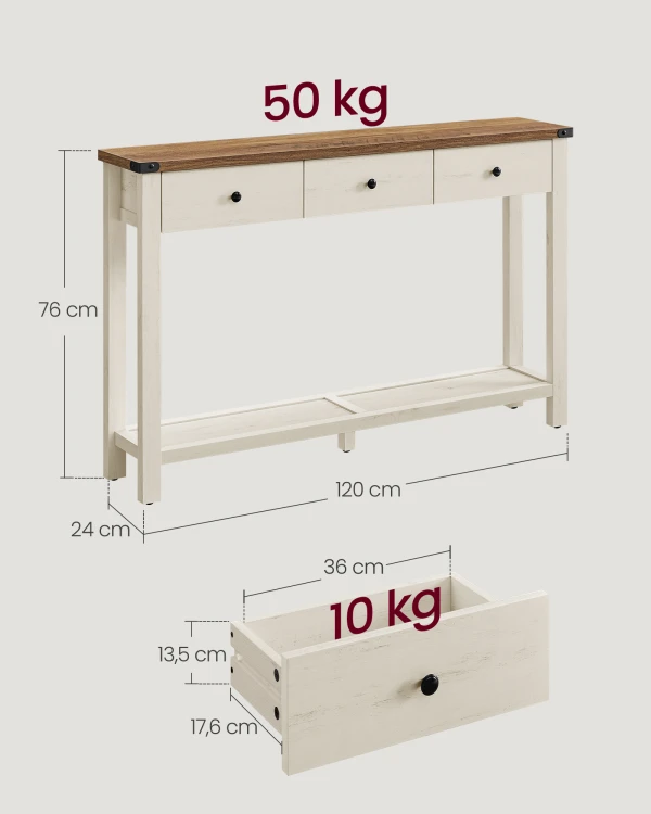Konsola z 3 szufladami w stylu Vintage kolor miodowy brąz, biel vintage