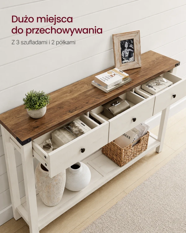 Konsola z 3 szufladami w stylu Vintage kolor miodowy brąz, biel vintage