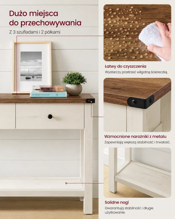 Konsola z 3 szufladami w stylu Vintage kolor miodowy brąz, biel vintage