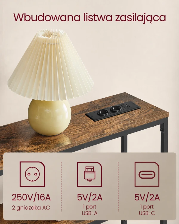 Konsola z dwoma półkami i gniazdkiem USB w stylu industrialnym (