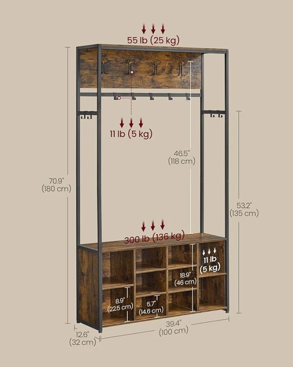 Garderoba do przedpokoju Loft z haczykami, ławką i szafką na buty (