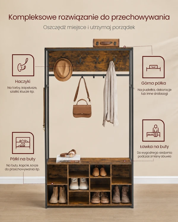 Garderoba do przedpokoju Loft z haczykami, ławką i szafką na buty