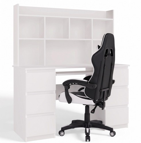 Zestaw Biurko z nadstawką ROLINGS 130 cm + fotel BIAŁY biel /mat 6 szuflad