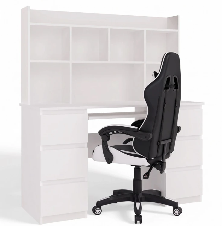 Zestaw Biurko z nadstawką ROLINGS 130 cm + fotel BIAŁY biel /mat 6 szuflad