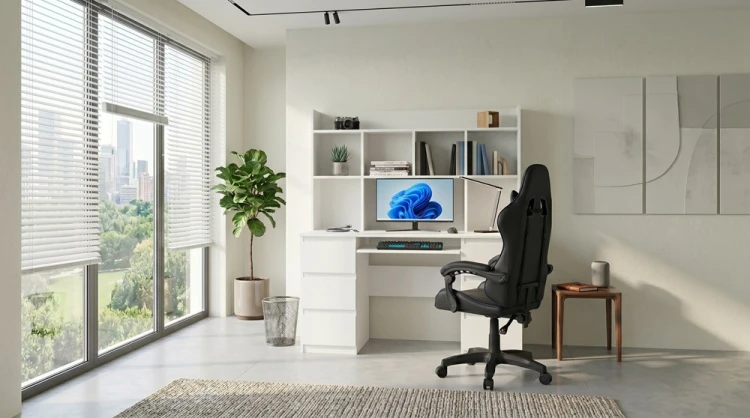 Zestaw Biurko z nadstawką ROLINGS 130 cm + fotel czarny biel /m