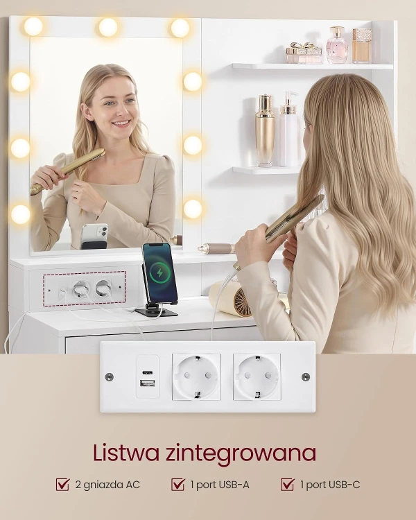 Toaletka biała z lustrem LED, 8 szufladami i USB