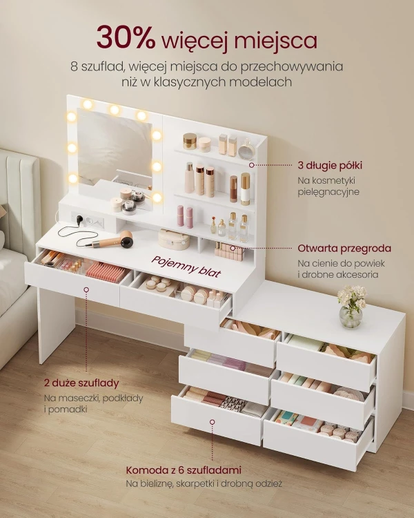 Toaletka biała z lustrem LED, 8 szufladami i USB