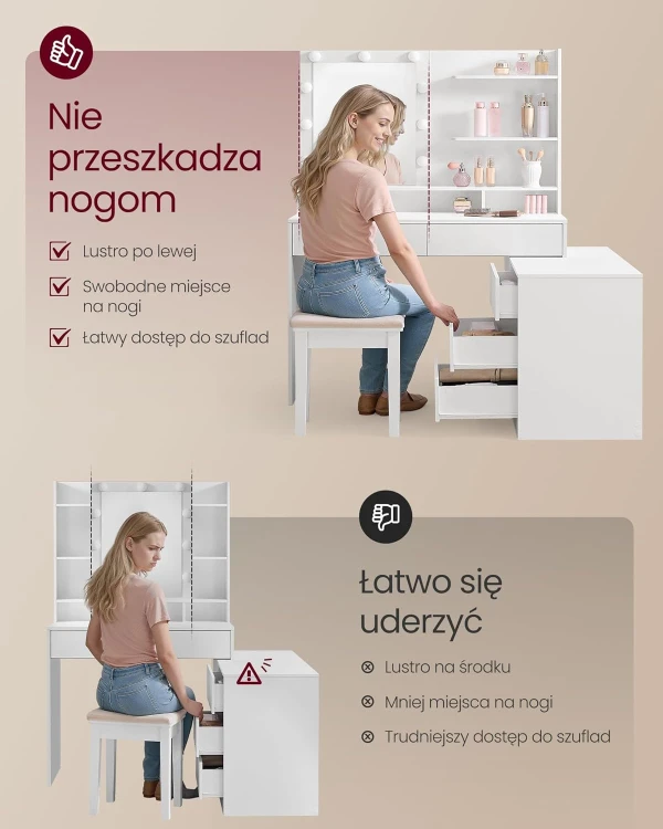 Toaletka biała z lustrem LED, 8 szufladami i USB