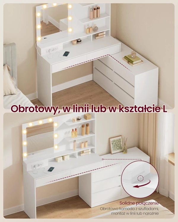 Toaletka biała z lustrem LED, 8 szufladami i USB