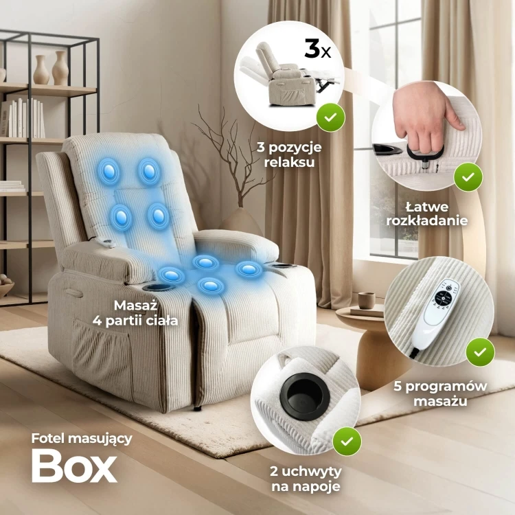 Fotel Masujący Comfort BOX Beżowy Sztruks