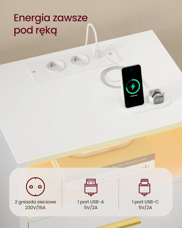 Szafka nocna ze stacją ładująca i oświetleniem LED 2 szuflady