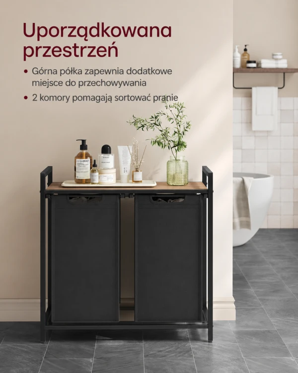 Kosz na pranie dwukomorowy rustykalny jasny brąz/czarny