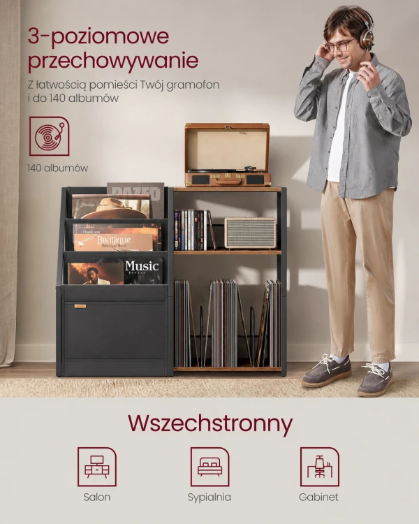 Stolik na gramofon z regałem i organizerem na winyle