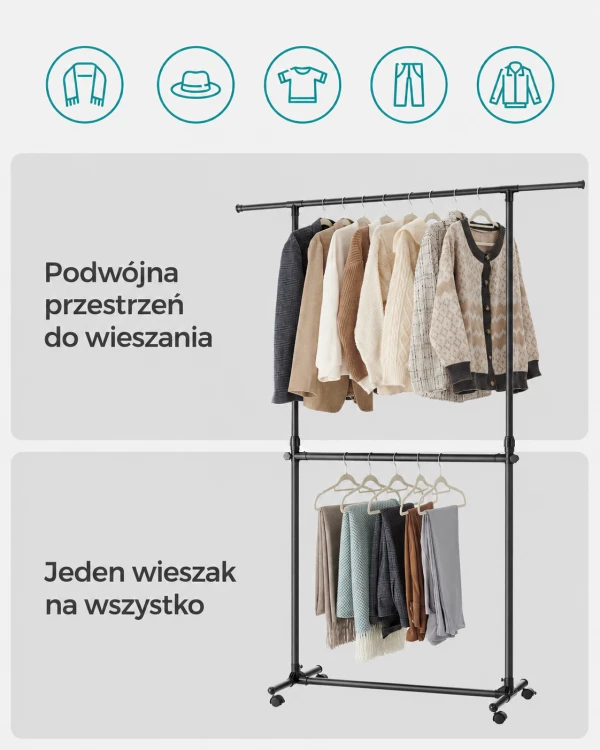 Wieszak na ubrania regulowany wolnostojący dwu poziomowy czarny