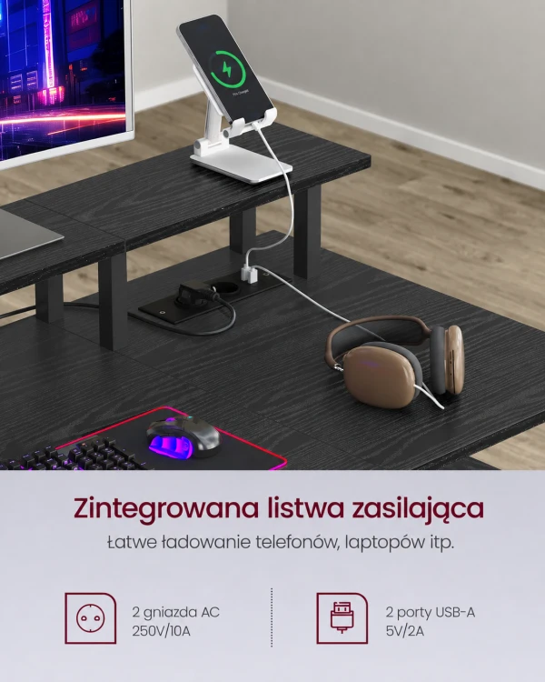 Biurko komputerowe z nadstawką i oświetleniem LED Czarne
