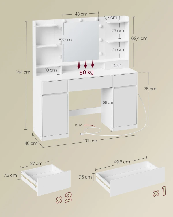 Toaletka kosmetyczna Hanna 107 cm z lustrem LED, szafkami i szufladami i USB - biała