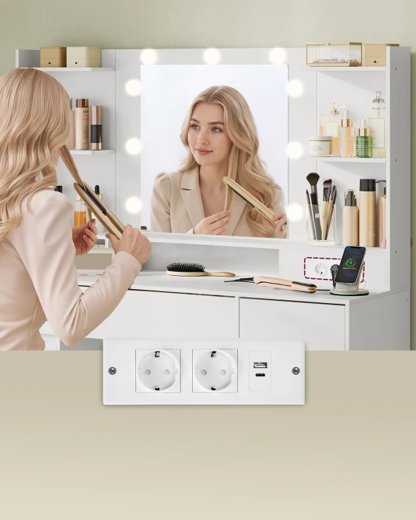 Toaletka kosmetyczna Hanna 107 cm z lustrem LED, szafkami i szufladami i USB - biała