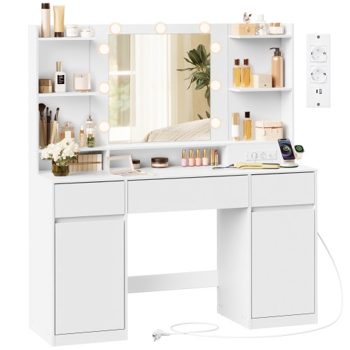 Toaletka kosmetyczna Hanna 107 cm z lustrem LED, szafkami i szufladami i USB - biała