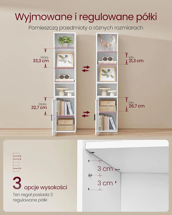 Regał wysoki na książki z półką z drzwiami 175 cm - biały