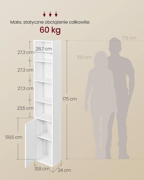 Regał wysoki na książki z półką z drzwiami 175 cm - biały
