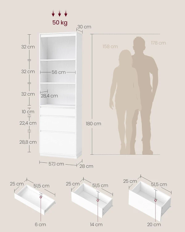 Regał wysoki 180 cm na książki, biały 3 szuflady o różnych rozmiarach