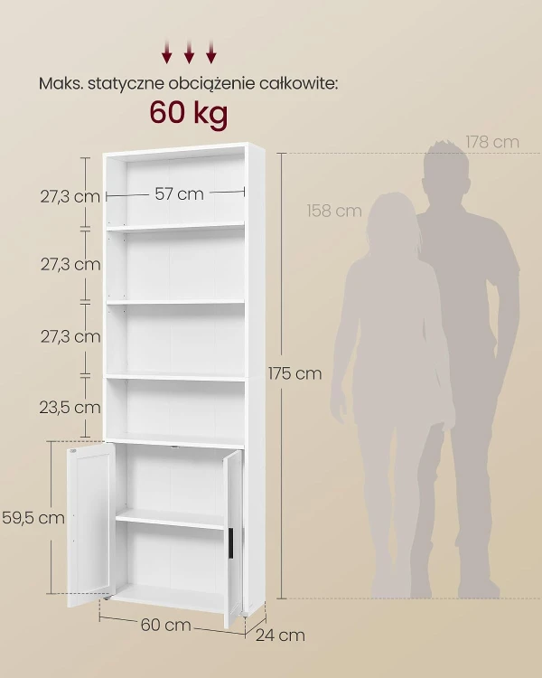 Regał PEGO 175 cm biały – 4 otwarte półki i zamykana szafka