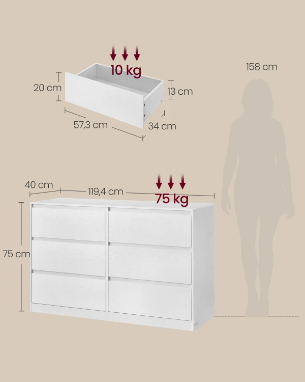 Komoda PEGO 6 - szuflad 119x75x40 cm w kolorze białym