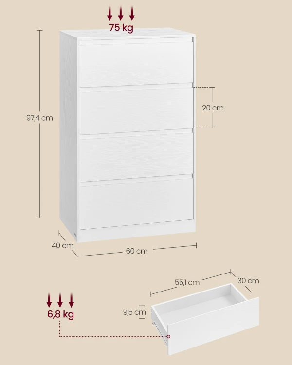 Komoda PEGO 4- szuflady 40x60x97cm w kolorze białym