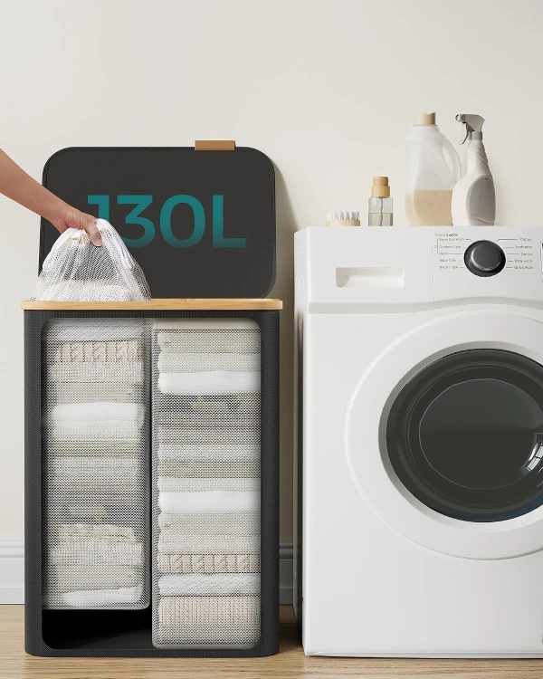 Kosz na pranie dwukomorowy 150 l bambus/czarny