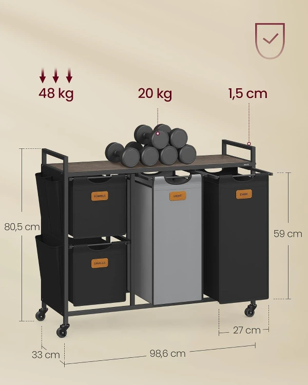 Kosz na pranie 4-komorowy 150 l z przegródkami, mobilny sorter na ubrania na kółkach