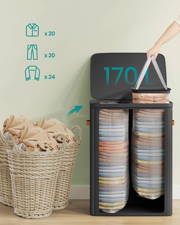 Kosz na pranie 2- komorowy 170 l Czarny z pokrywą i uchwytami