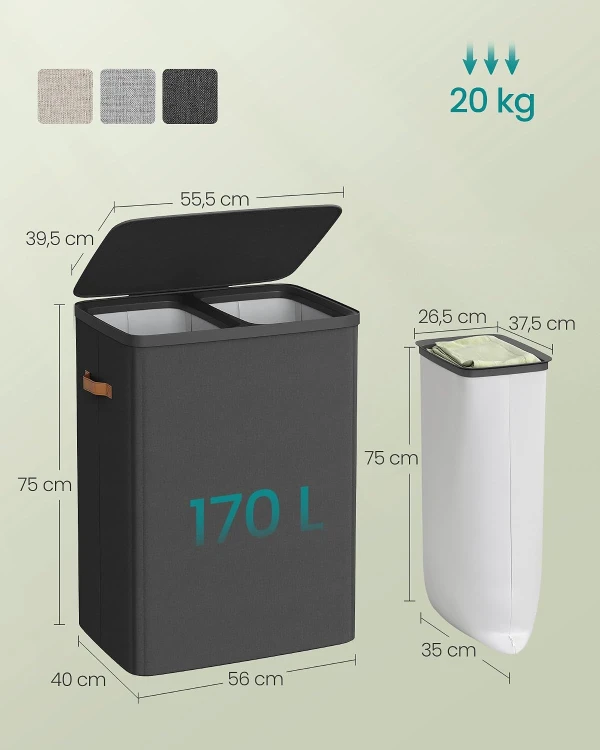 Kosz na pranie 2- komorowy 170 l Czarny z pokrywą i uchwytami