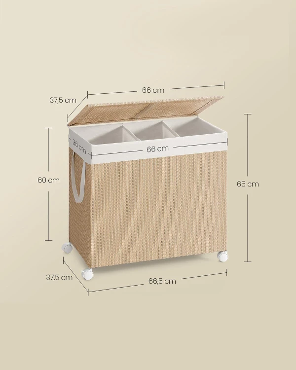 Kosz na pranie 3 komorowy 140l beżowy/rattan