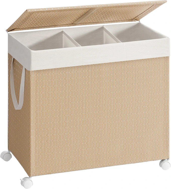 Kosz na pranie 3 komorowy 140l beżowy/rattan