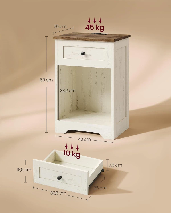 Stolik nocny AMARO z szufladą i stacją ładowania USB 40 × 30 × 59 cm biały/brązowy