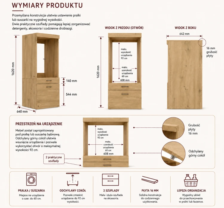 Szafka Łazienkowa nad pralkę lub suszarkę z szufladami kolor dąb artisan
