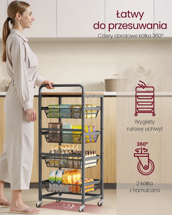Wózek kuchenny 5-poziomowy z 4 wysuwanymi koszami na kółkach loft 40 × 31,7 × 95 cm