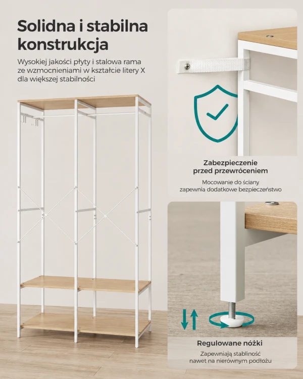 Garderoba na ubrania wieszak na ubrania z drążkiem i półkami