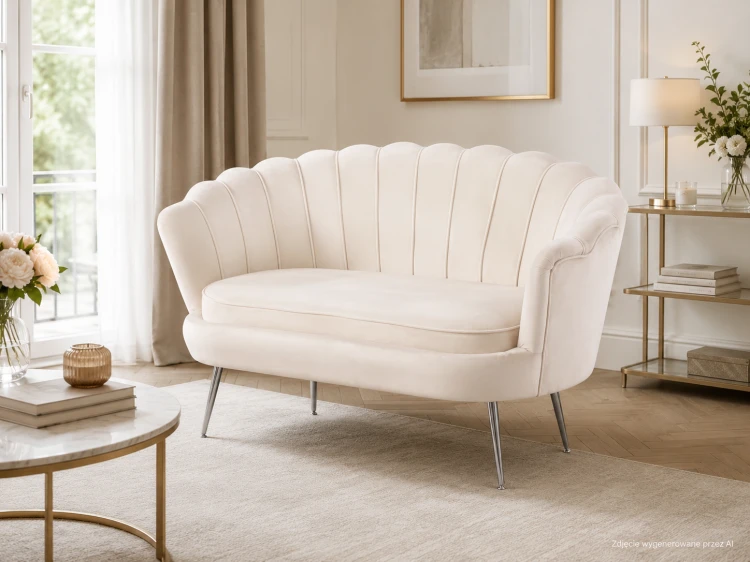 Sofa dwuosobowa MALMO kremowa – welur, srebrne metalowe nogi