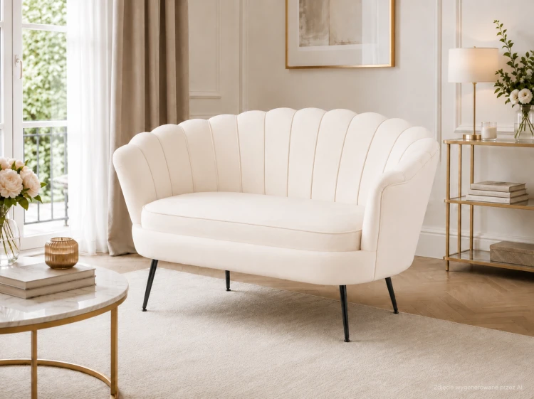 Sofa dwuosobowa MALMO kremowa – welur, czarne metalowe nogi